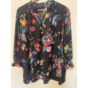 Lane Bryant Women's Shirt Black Floral Swiss Dot Puff Sleeve Ruffle Collar Vneck